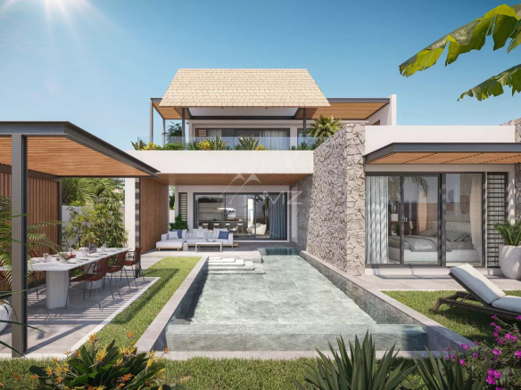 Modern villa with infinity pool and terrace, surrounded by greenery.
