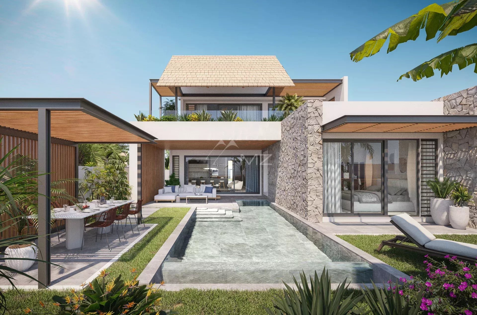Exceptional villa in Wolmar Modern villa with infinity pool and terrace, surrounded by greenery.