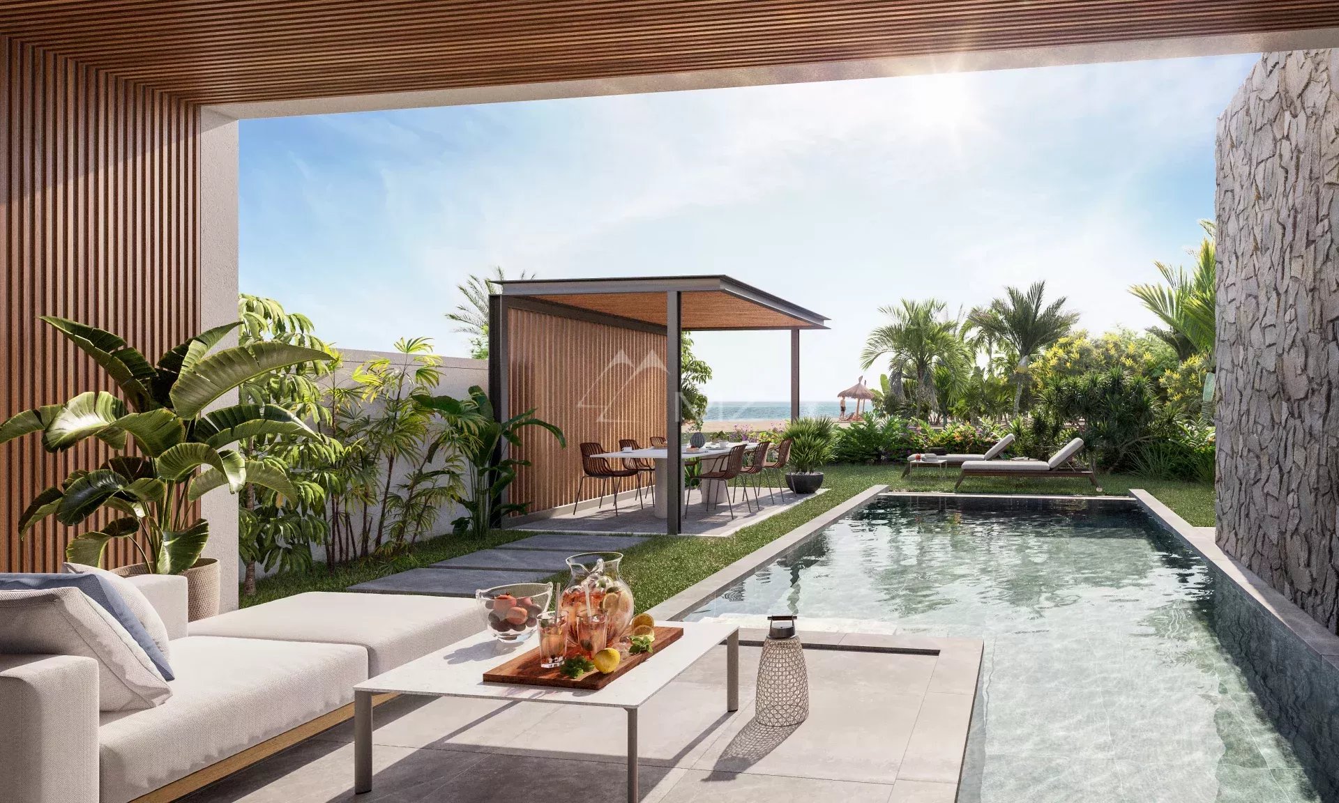 Luxury villa with infinity pool Terrace with infinity pool and garden furniture in a luxury villa in Wolmar.