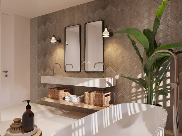Modern bathroom with bathtub, mirrors and plants, in a luxury villa.
