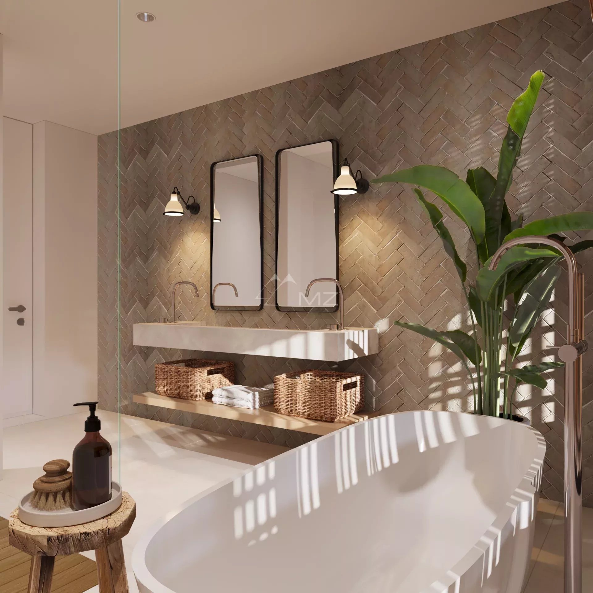 Bathroom of a luxury villa Modern bathroom with bathtub, mirrors and plants, in a luxury villa.
