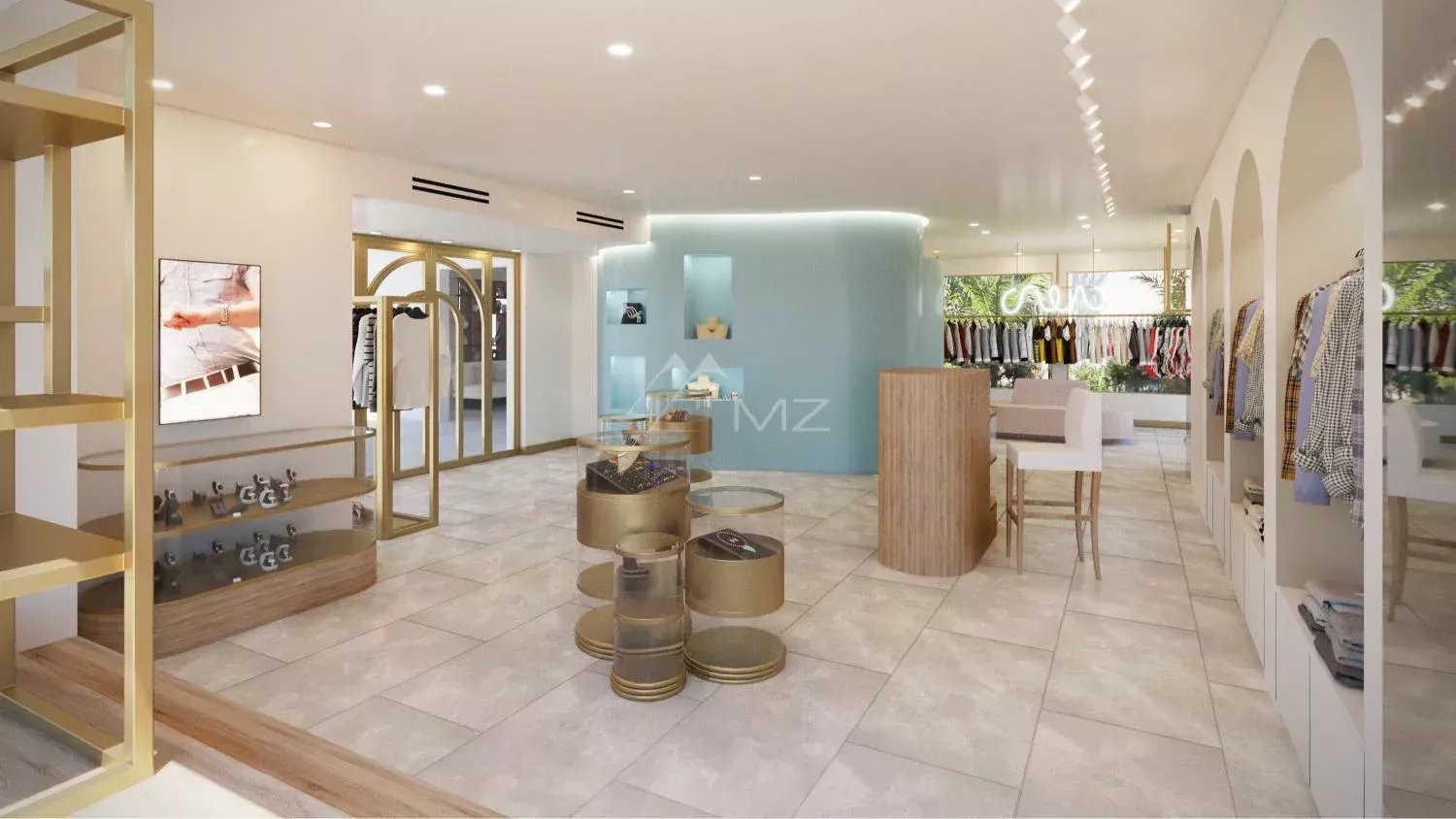 Interior of a luxury boutique Interior of an elegant boutique with clothes on display and modern furniture.