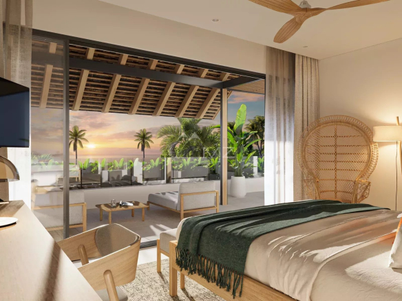 Room in a villa with lagoon view, terrace and modern furniture.