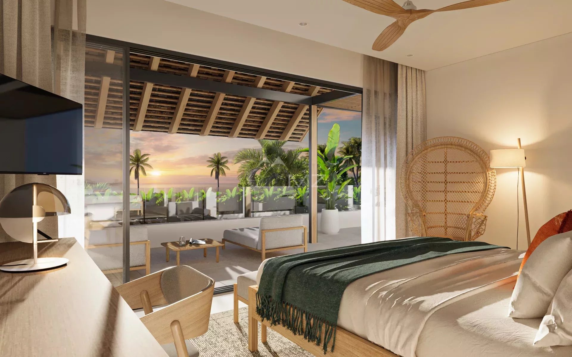 Luxury villa room Room in a villa with lagoon view, terrace and modern furniture.