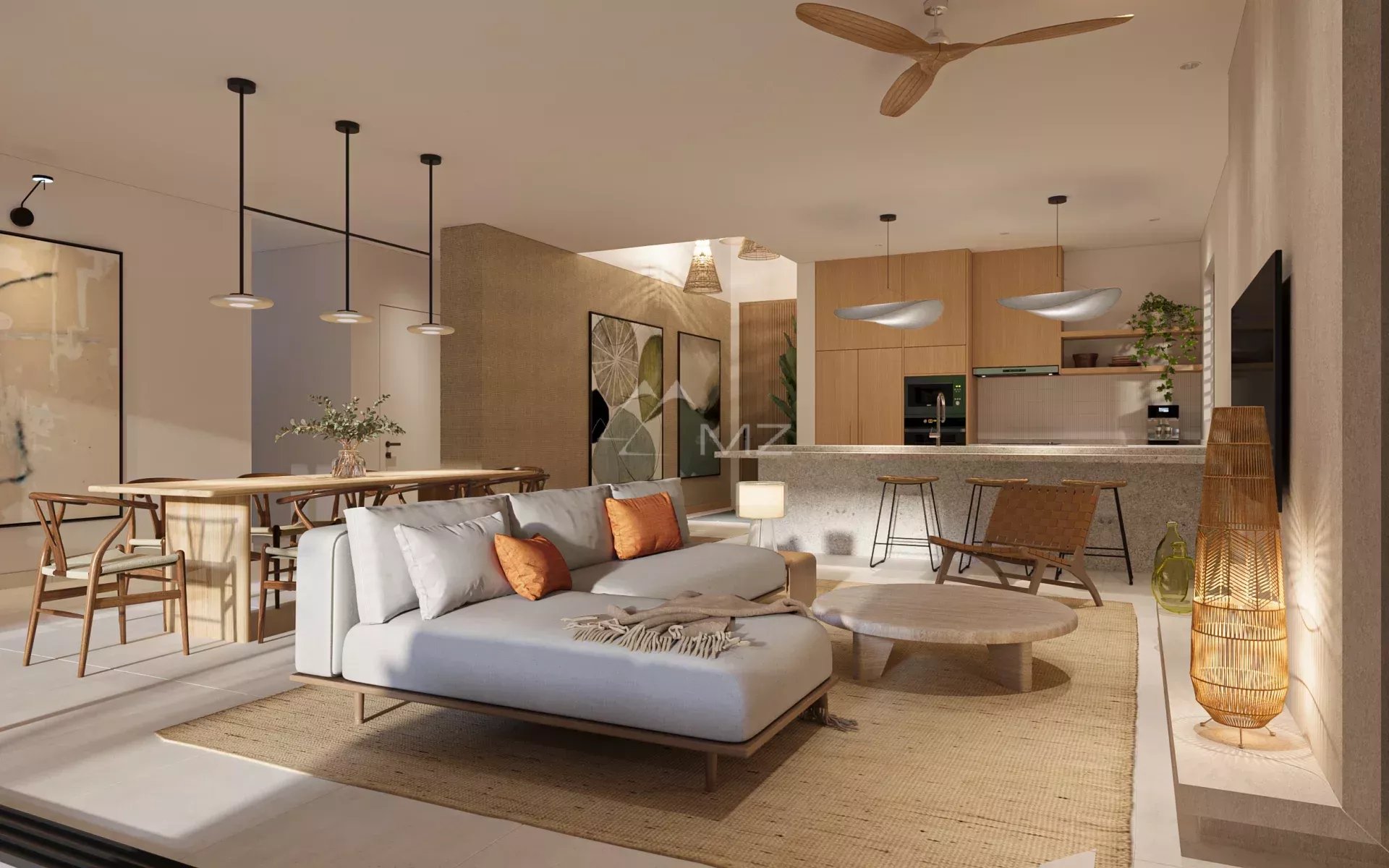 Interior of an exceptional villa Interior of a luxury villa with a modern living room and open kitchen.