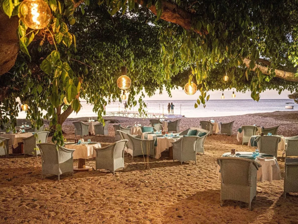 Beachfront restaurant terrace with tables and chairs, soft lighting at dusk.