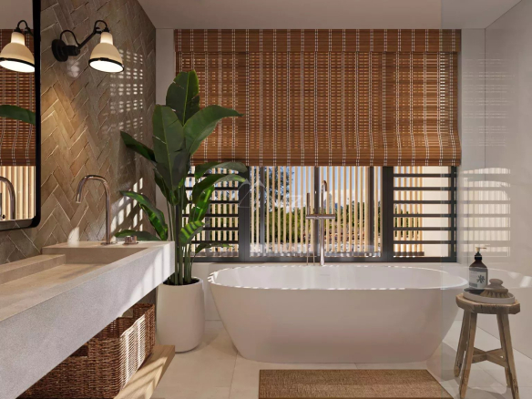 Modern bathroom with bathtub, sink and plants, natural light through the windows.