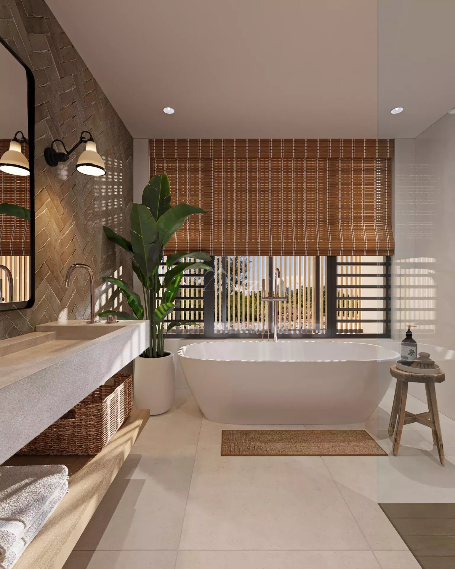 Bathroom of a luxury villa Modern bathroom with bathtub, sink and plants, natural light through the windows.