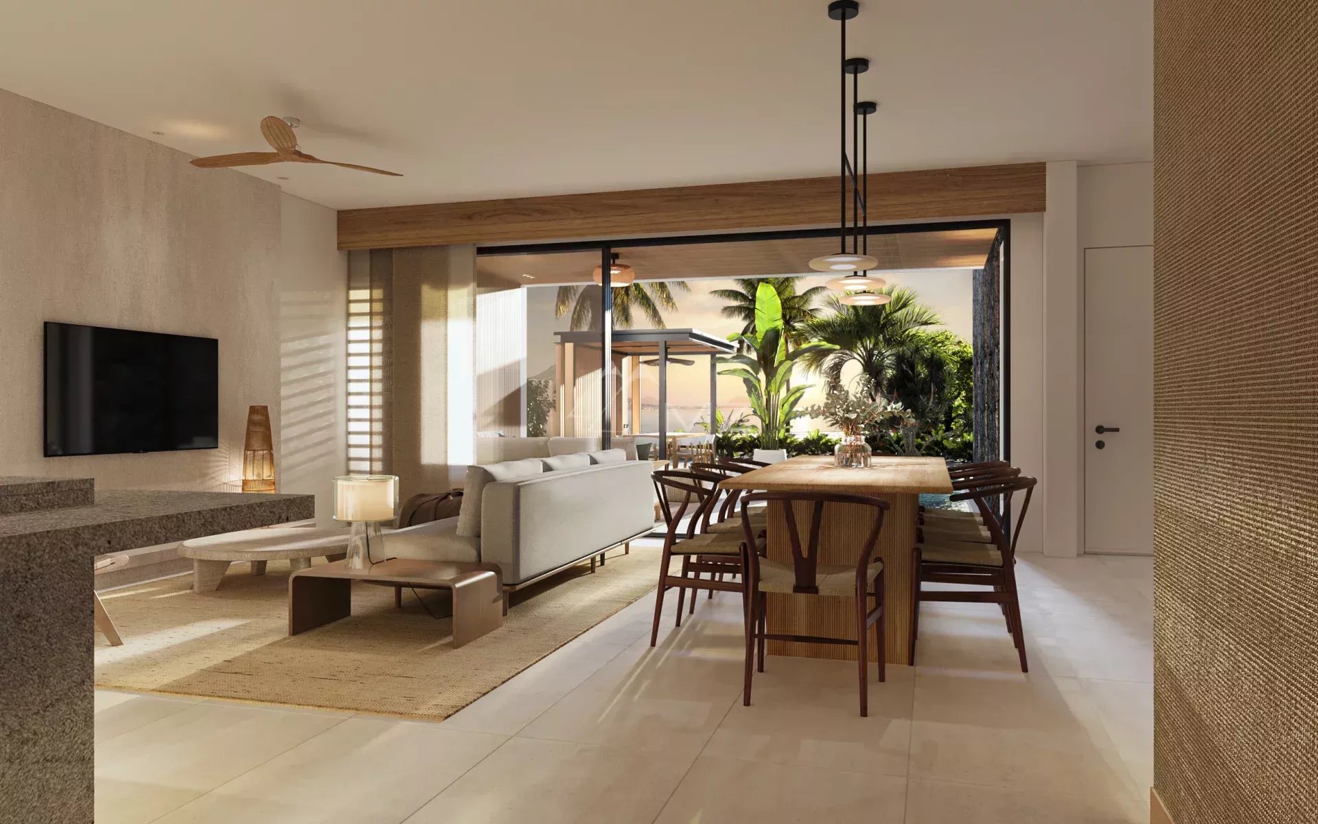 Interior of a luxury villa Interior of a modern villa with living room and dining room, overlooking a tropical garden.