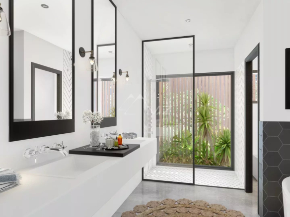 Salle de bain moderne avec douche à l'italienne et décoration élégante.