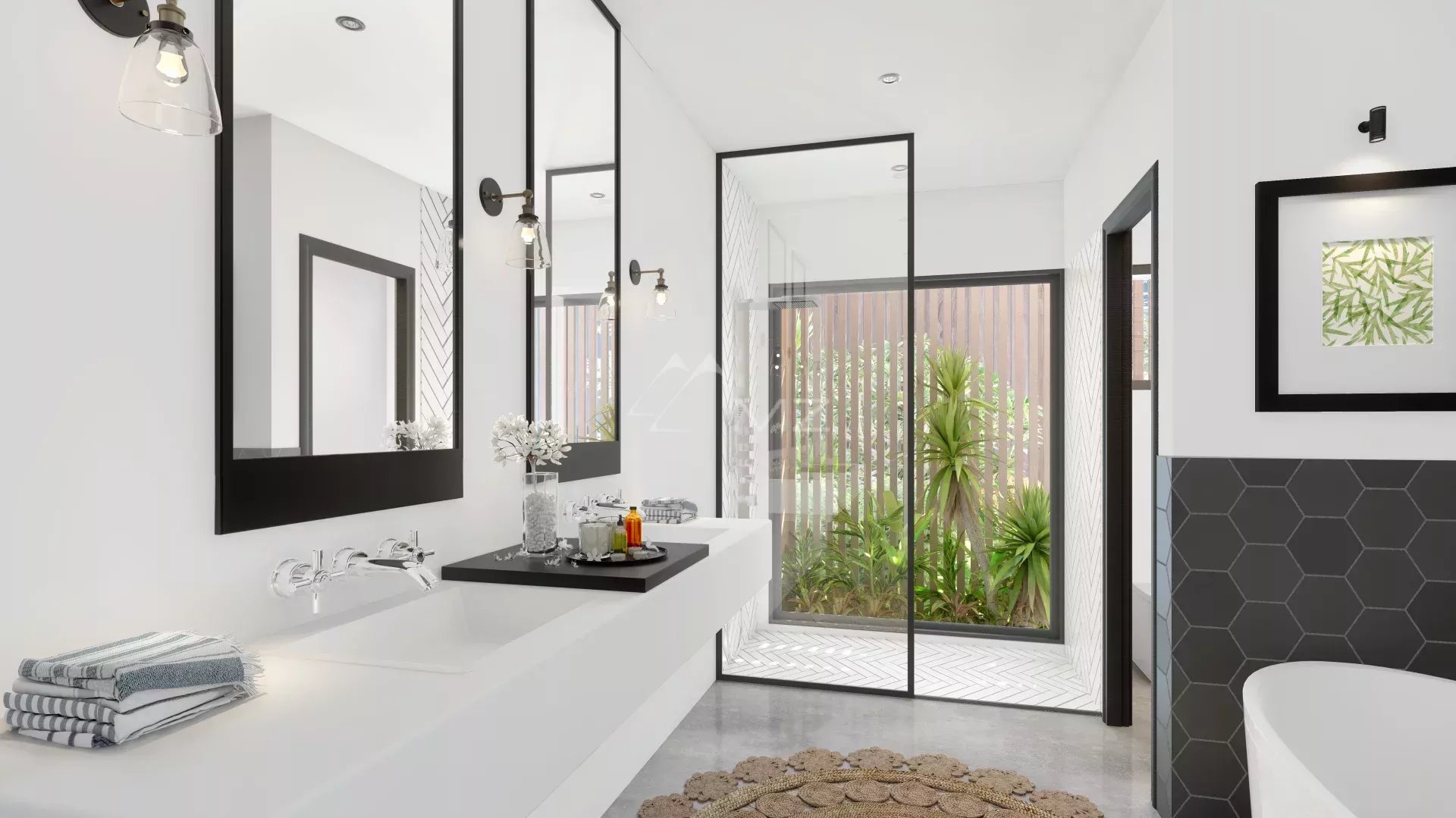Salle de bain de la villa BENGALI Salle de bain moderne avec douche à l'italienne et décoration élégante.