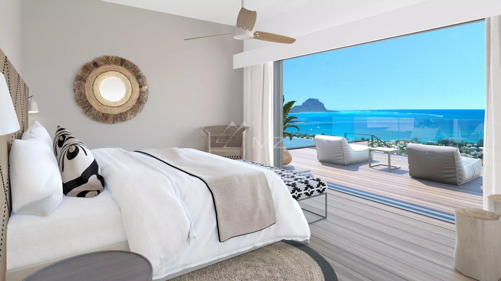 Chambre de la villa BENGALI Chambre d'une villa avec vue sur la mer, lit double et accès à une terrasse.