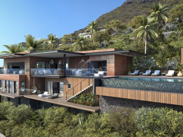 Villa moderne avec piscine à débordement entourée de végétation à Rivière Noire.