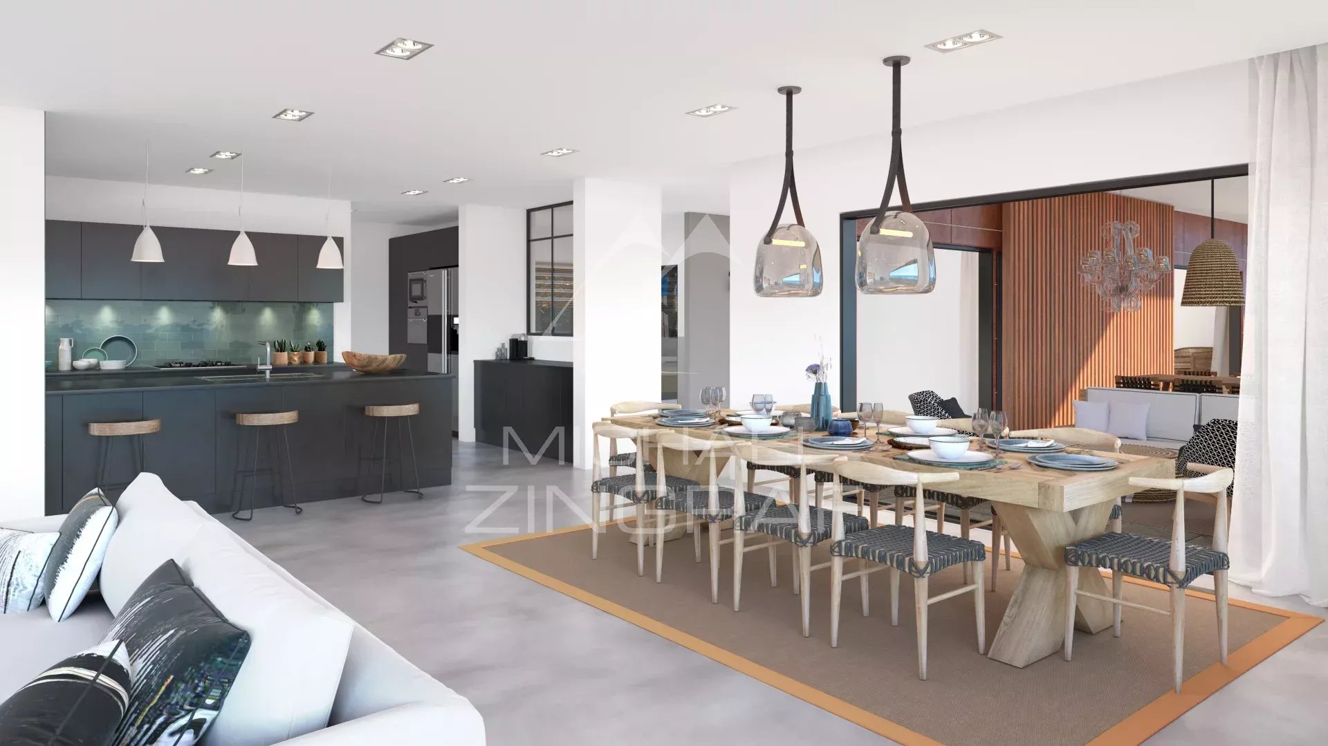 Intérieur de la villa BENGALI Intérieur d'une villa moderne avec salon, salle à manger et cuisine ouverte.