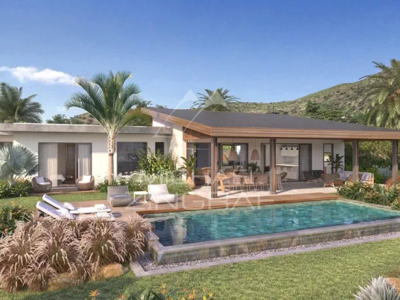 Villa contemporaine avec piscine à débordement et jardin à Tamarin, entourée de nature.