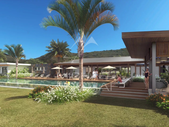 Villa contemporaine avec piscine à débordement et terrasse, entourée de verdure à Tamarin.