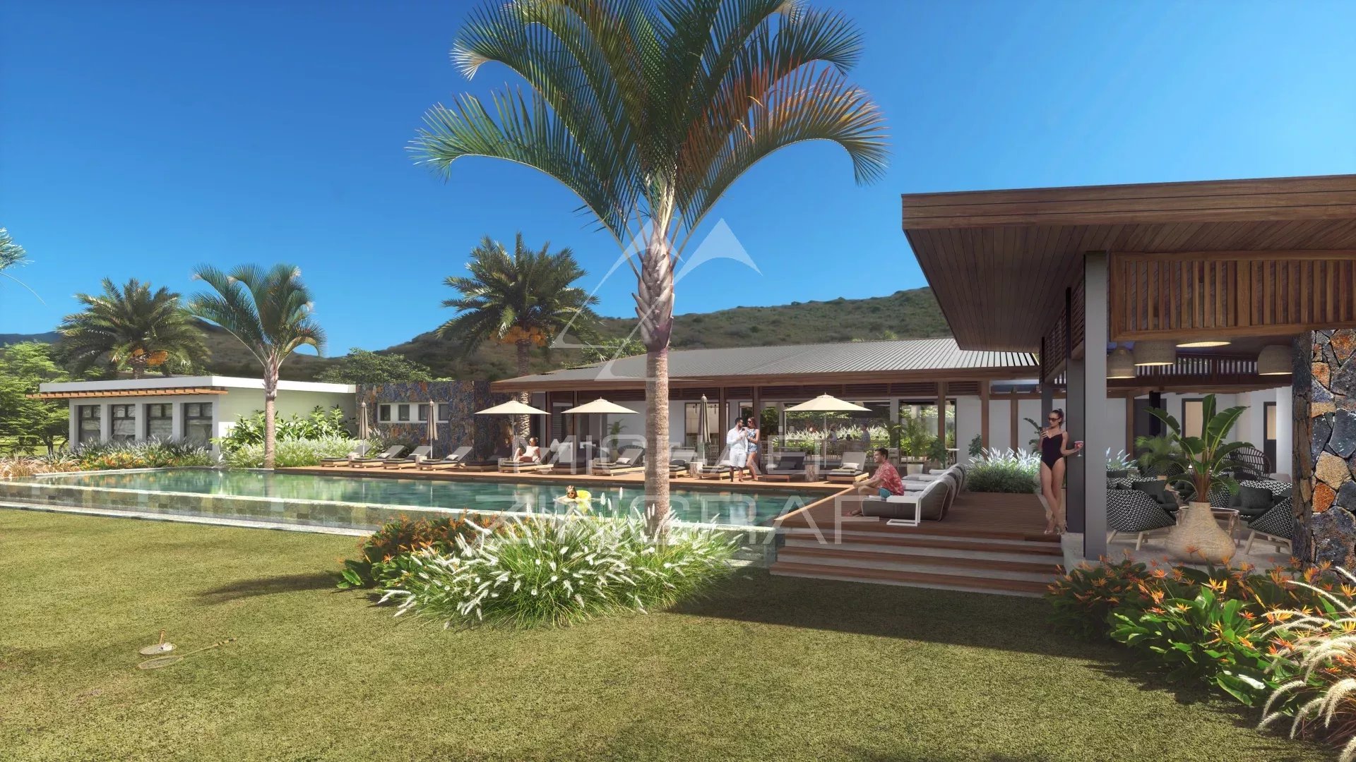 Villa Clusia à Tamarin Villa contemporaine avec piscine à débordement et terrasse, entourée de verdure à Tamarin.
