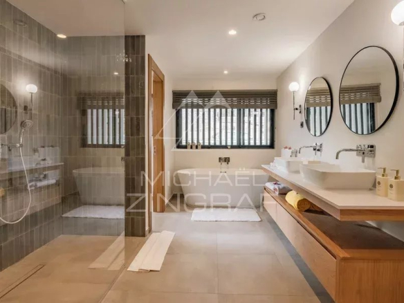 Salle de bain moderne avec douche à l'italienne et double vasque.