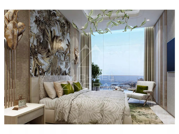 Chambre d'un appartement de luxe à Dubaï avec vue sur la mer et décoration moderne.