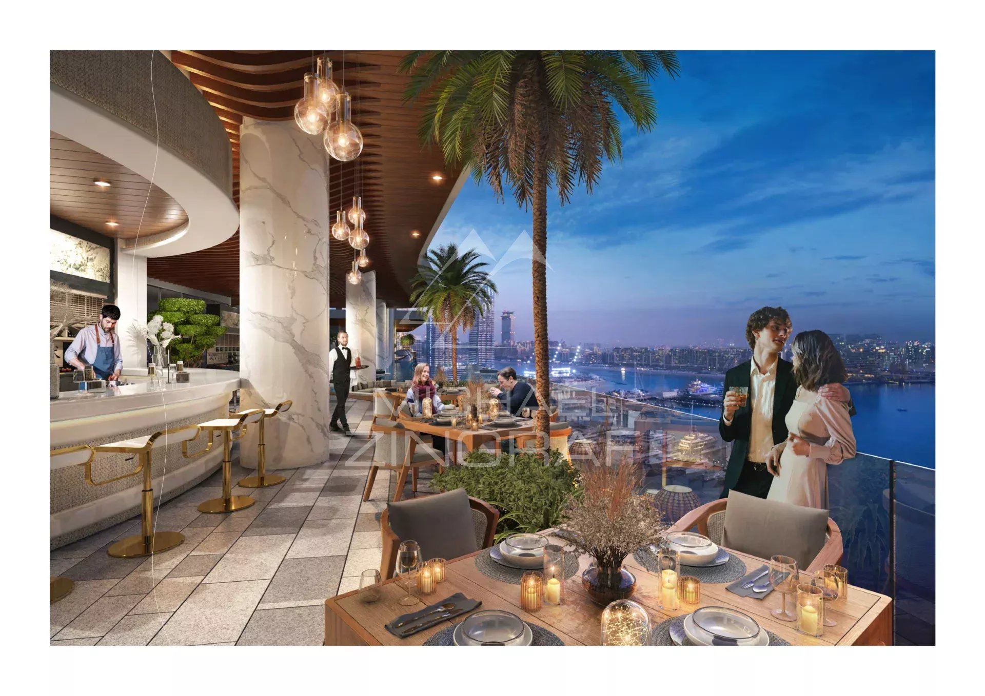 Appartement de luxe à Dubai Vue d'un appartement de luxe à Dubai avec terrasse, décor moderne et ambiance nocturne.
