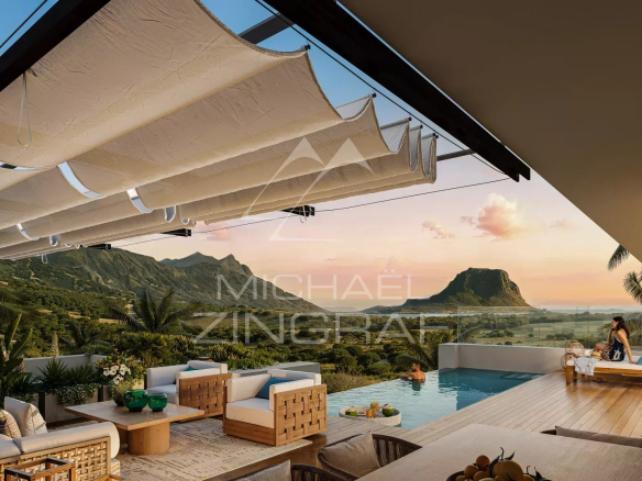 Vue d'une villa moderne avec piscine et terrasse surplombant des montagnes à Rivière Noire.