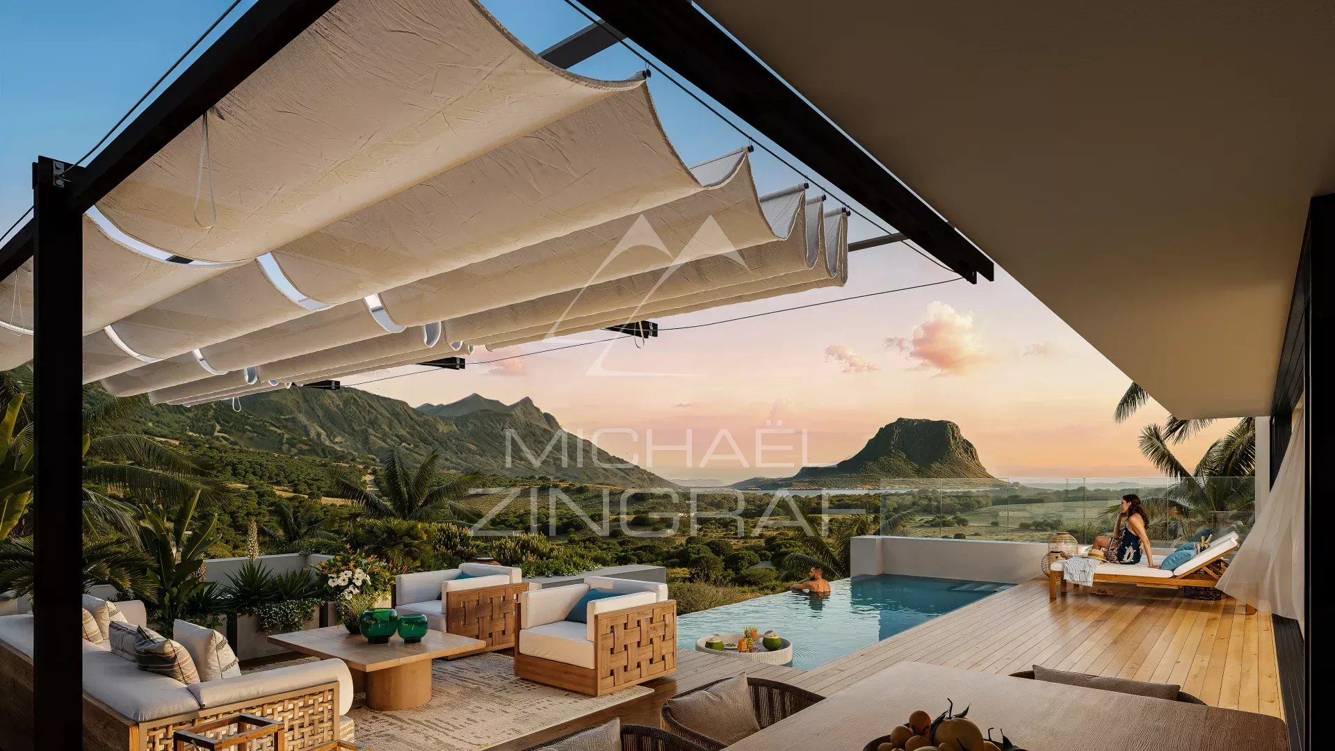Villa d’Exception à Rivière Noire Vue d'une villa moderne avec piscine et terrasse surplombant des montagnes à Rivière Noire.