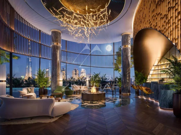Intérieur d'une résidence luxueuse à Dubaï avec un salon moderne et des vues sur la ville.