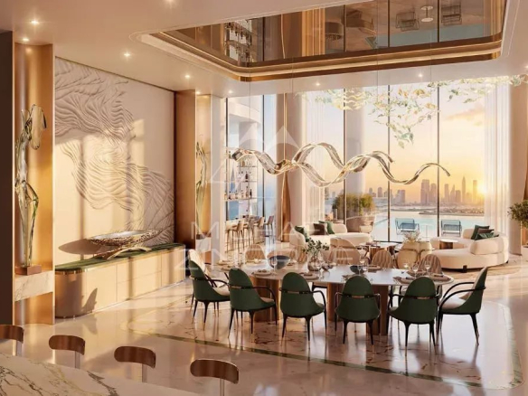 Intérieur d'un appartement de luxe à Dubaï avec salon et salle à manger modernes.