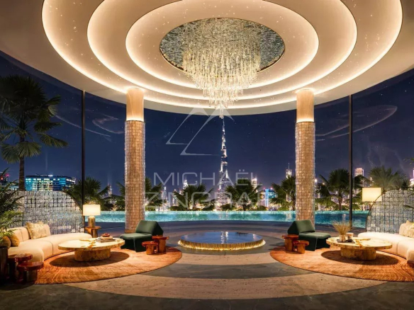 Intérieur d'un appartement de luxe à Dubaï avec un salon spacieux et une vue sur la ville.