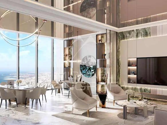 Intérieur d'un appartement de luxe à Dubaï avec salon et salle à manger modernes.
