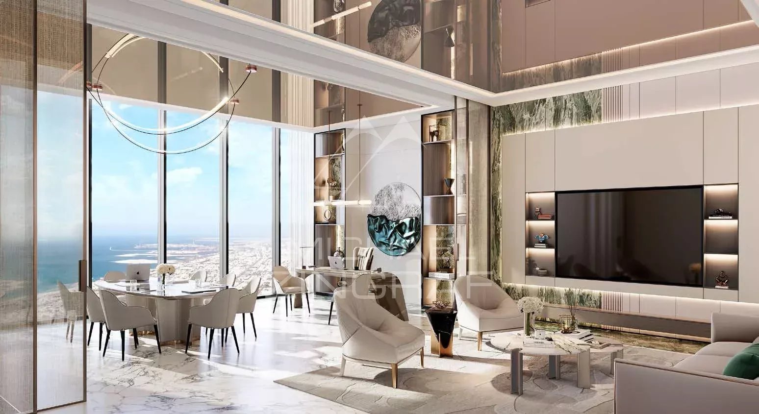 Appartement de luxe à Dubaï Intérieur d'un appartement de luxe à Dubaï avec salon et salle à manger modernes.