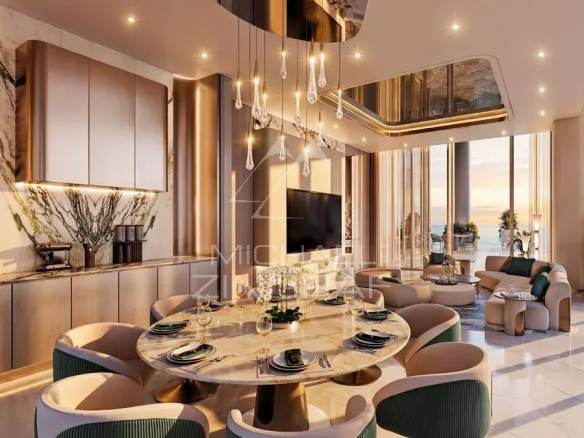 Intérieur d'un appartement de luxe à Dubaï avec salon et salle à manger modernes.