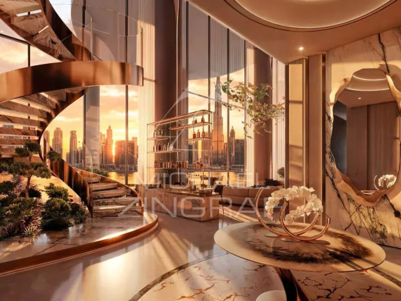 Intérieur d'un appartement de prestige à Dubaï avec des espaces de vie modernes et une vue sur la ville.