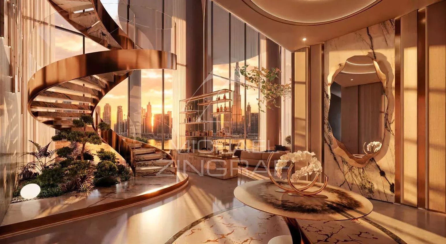 Appartement de prestige à Dubaï Intérieur d'un appartement de prestige à Dubaï avec des espaces de vie modernes et une vue sur la ville.