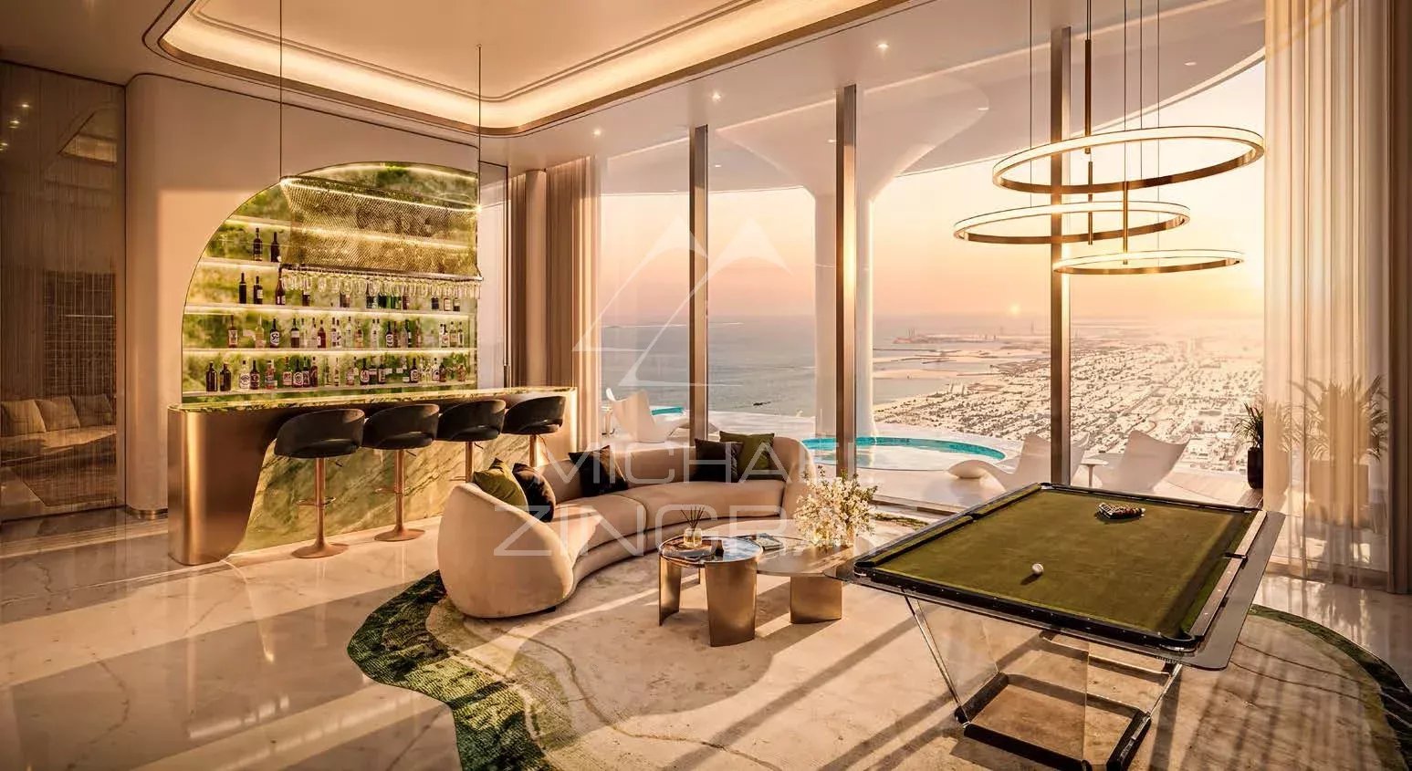 Intérieur d’une résidence de luxe à Dubaï Intérieur d'une résidence de luxe à Dubaï avec bar, billard et vue sur la mer.