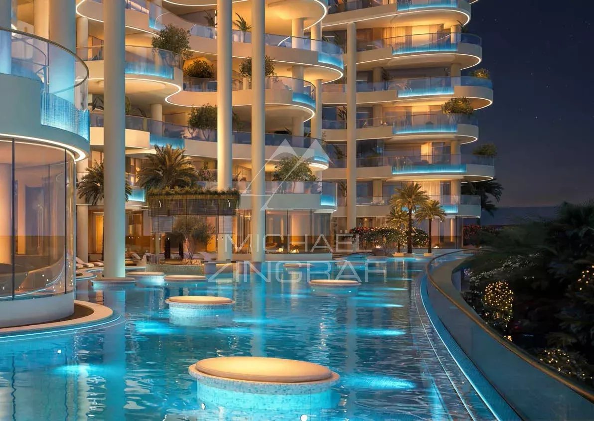 Résidence de prestige à Dubaï Vue de la résidence privée à Dubaï avec piscine et architecture moderne.