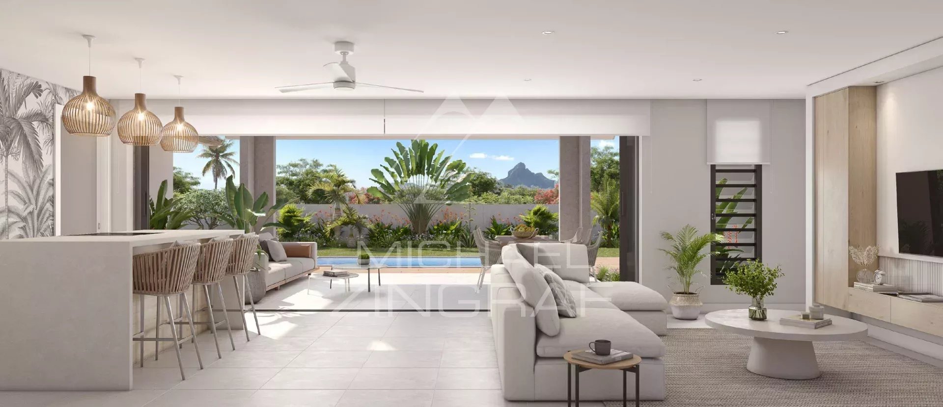 Modern interior of a villa in Tamarin Interior of a contemporary villa with living room, kitchen and garden view in Tamarin.
