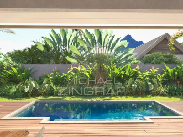 View of a swimming pool surrounded by greenery in a contemporary villa in Tamarin.