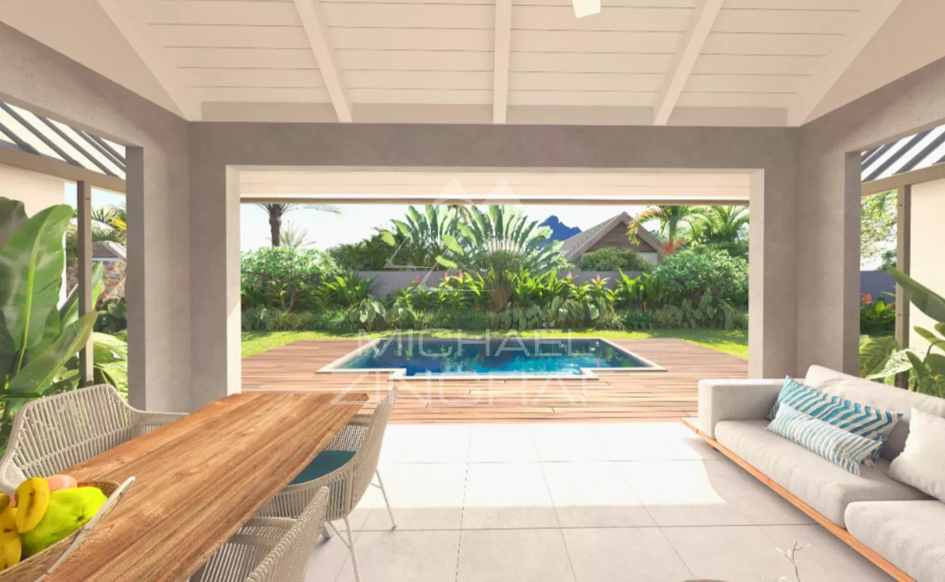 Contemporary villa in Tamarin Interior of a contemporary villa overlooking the pool and garden in Tamarin.