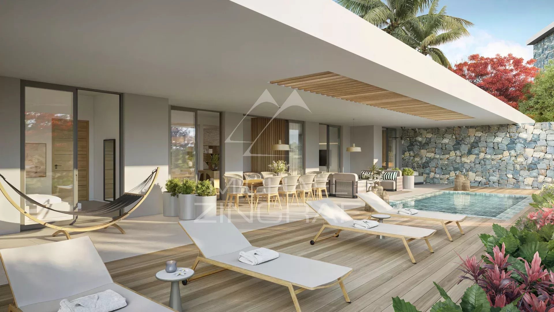 Appartement moderne à Balaclava Terrasse d'un appartement moderne avec piscine et mobilier de jardin à Balaclava.