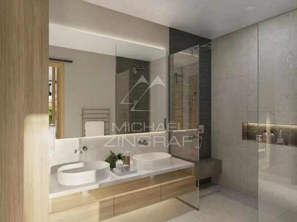 Salle de bain moderne avec double vasque et douche spacieuse dans un appartement à Balaclava.