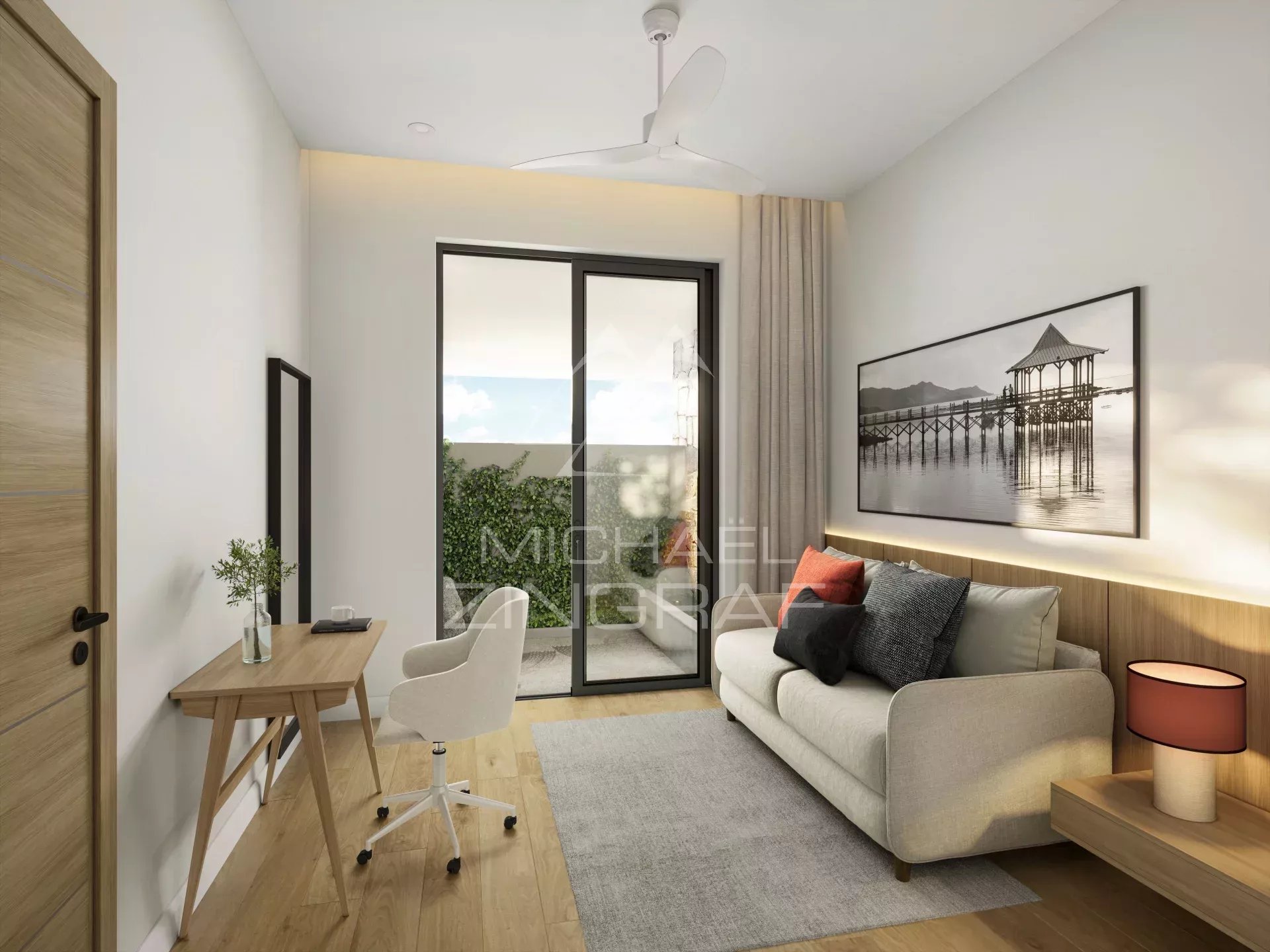 Appartement moderne à Balaclava Intérieur d'un appartement moderne avec un salon lumineux et un accès à un balcon.
