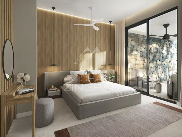 Chambre moderne avec murs en bois et grande fenêtre, décorée de manière élégante.