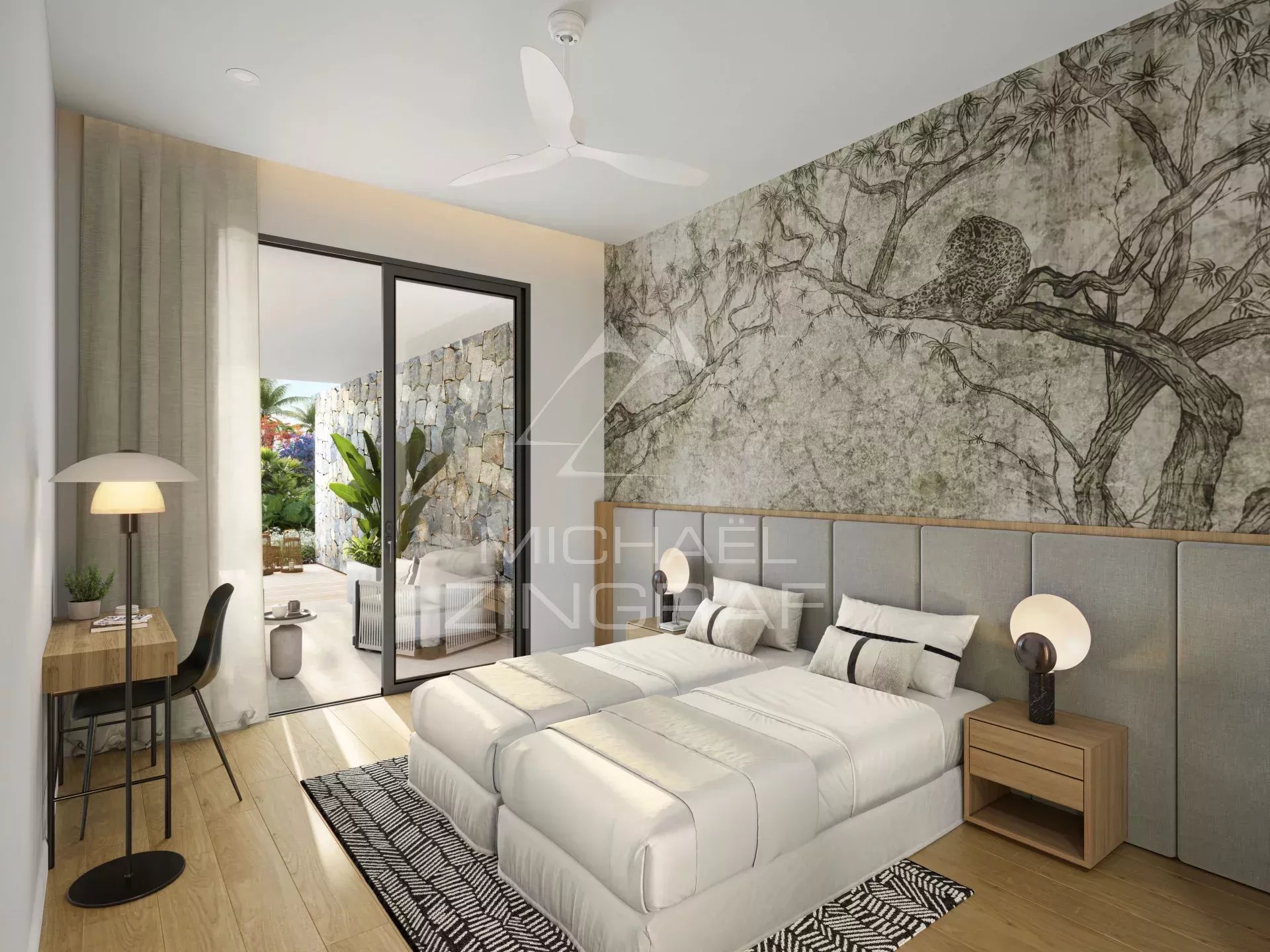 Chambre moderne à Balaclava Chambre d'appartement moderne avec lit double et décor mural artistique à Balaclava.