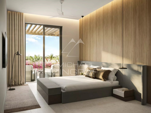 Modern room in a penthouse in Balaclava, overlooking a tropical garden.