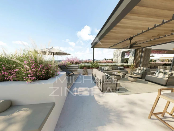 Penthouse terrace with modern furniture and views of a tropical garden in Balaclava.