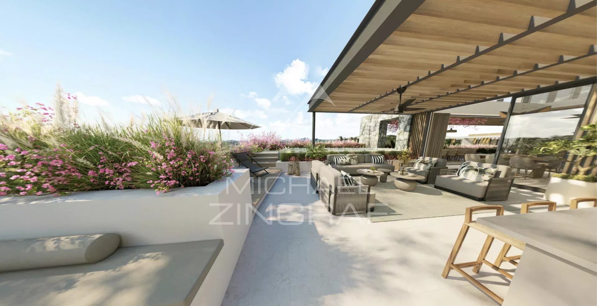 Penthouse terrace in Balaclava Penthouse terrace with modern furniture and views of a tropical garden in Balaclava.