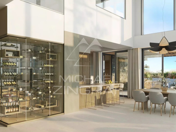 Modern interior of a penthouse with dining room and wine cellar in Balaclava.