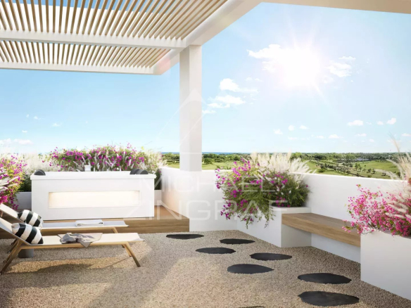 Penthouse terrace with sun loungers and flowering plants in Balaclava.