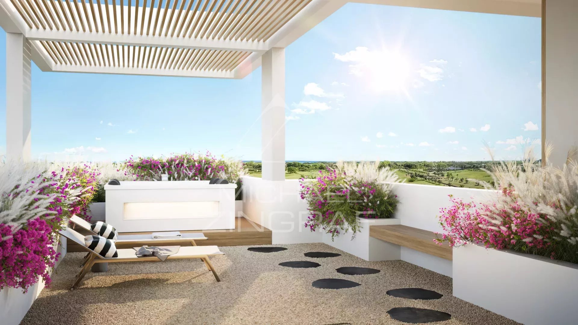 Terrace of a penthouse in Balaclava Penthouse terrace with sun loungers and flowering plants in Balaclava.